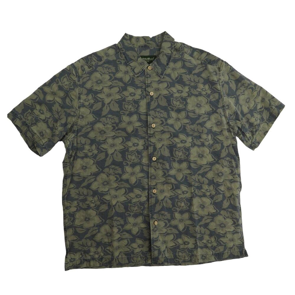 1990s Vintage Eddie Bauer Green Floral Hawaiian Casual Button Down Shirt Medium